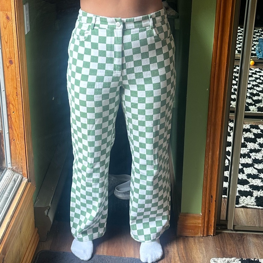 Green and White Plaid Pants